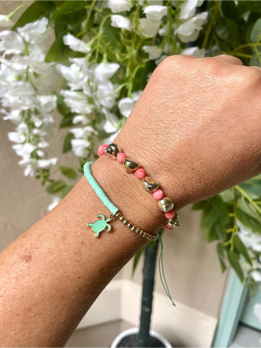 Mint Sea Turtle Charm & peach conch shell Bracelet Set